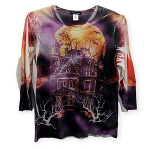 SML SPORT Women's Size Medium Top Blouse Halloween Theme Shirt Haunted House